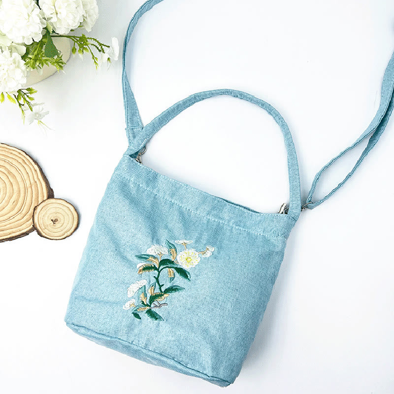 Buddha Stones刺繍藤梅蓮桜コットンリネンキャンバストートクロスボディバッグショルダーバッグハンドバッグ