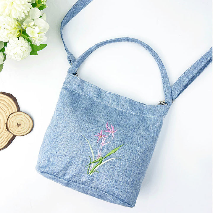 Buddha Stones刺繍藤梅蓮桜コットンリネンキャンバストートクロスボディバッグショルダーバッグハンドバッグ
