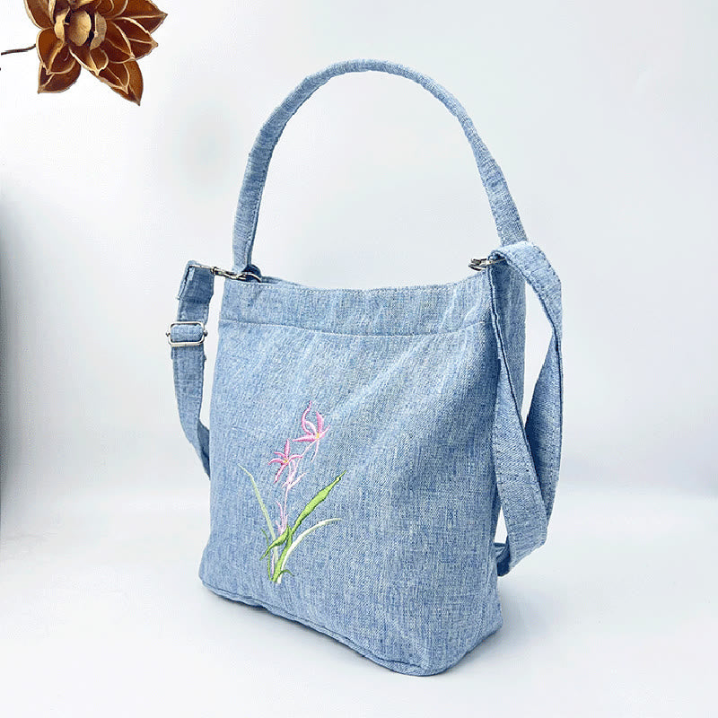 Buddha Stones刺繍藤梅蓮桜コットンリネンキャンバストートクロスボディバッグショルダーバッグハンドバッグ