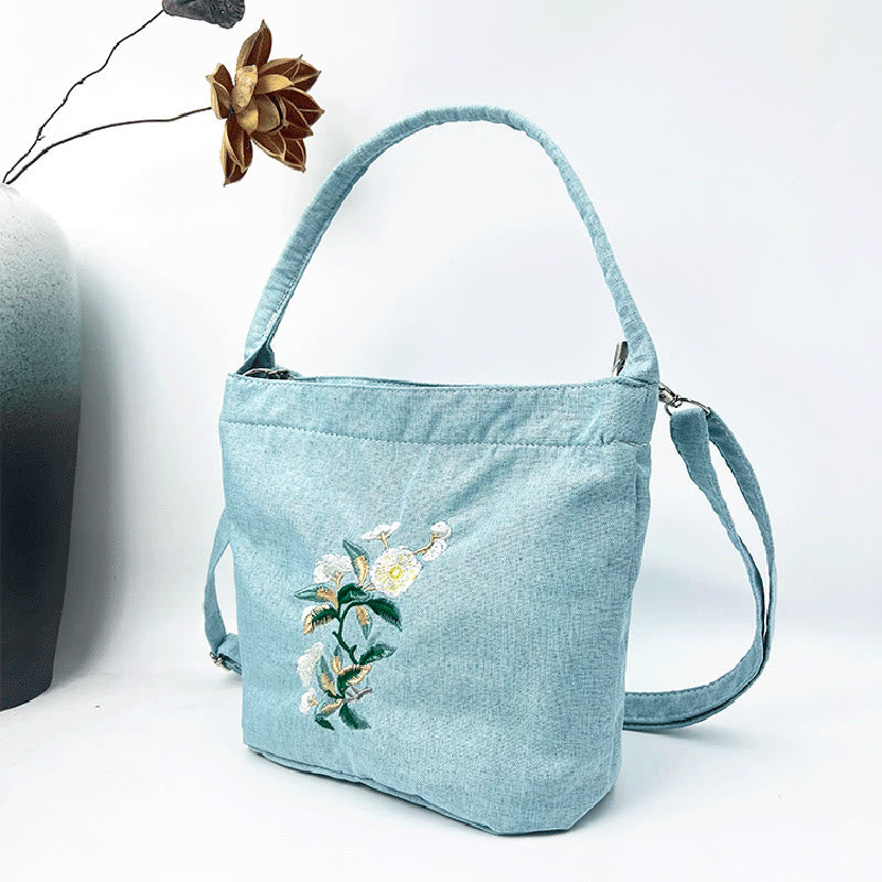 Buddha Stones刺繍藤梅蓮桜コットンリネンキャンバストートクロスボディバッグショルダーバッグハンドバッグ