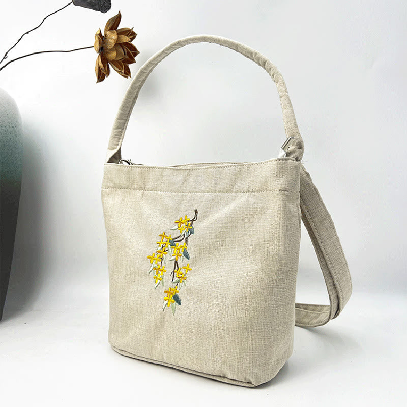 Buddha Stones刺繍藤梅蓮桜コットンリネンキャンバストートクロスボディバッグショルダーバッグハンドバッグ