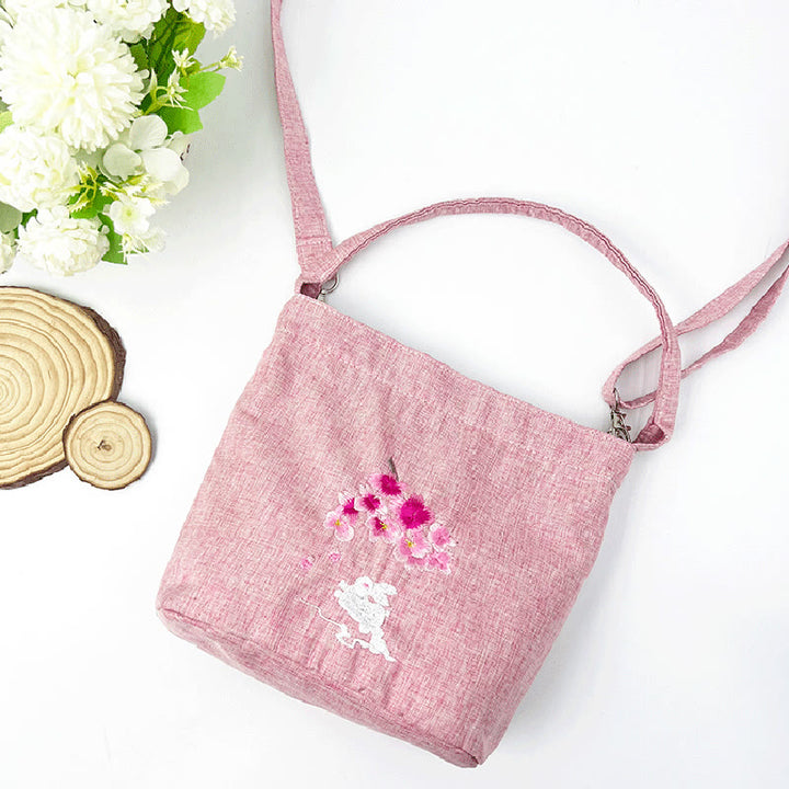 Buddha Stones刺繍藤梅蓮桜コットンリネンキャンバストートクロスボディバッグショルダーバッグハンドバッグ