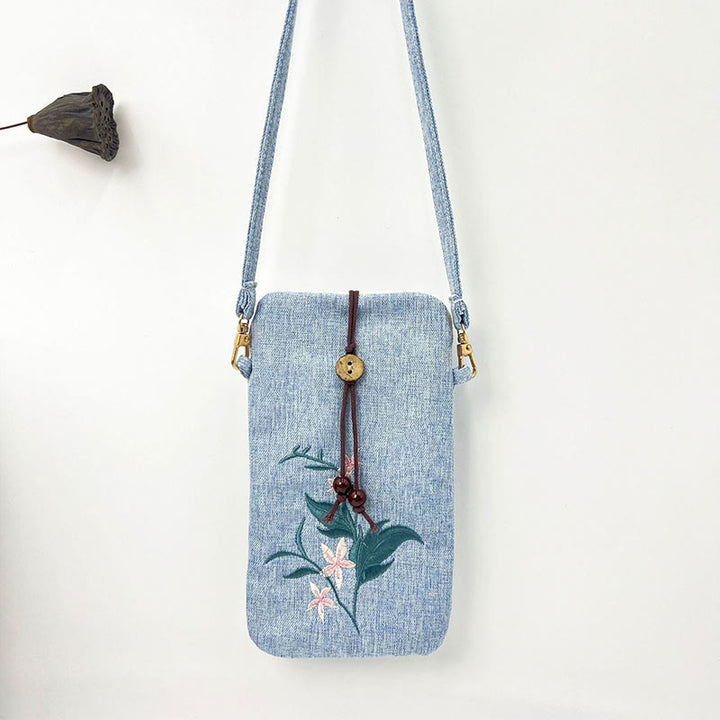 Buddha Stonesの小さな刺繍の花のクロスボディバッグ、ショルダーバッグ、携帯電話バッグ、11×20cm