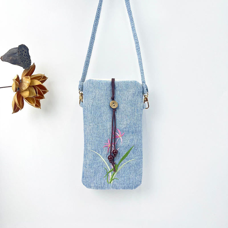 Buddha Stonesの小さな刺繍の花のクロスボディバッグ、ショルダーバッグ、携帯電話バッグ、11×20cm