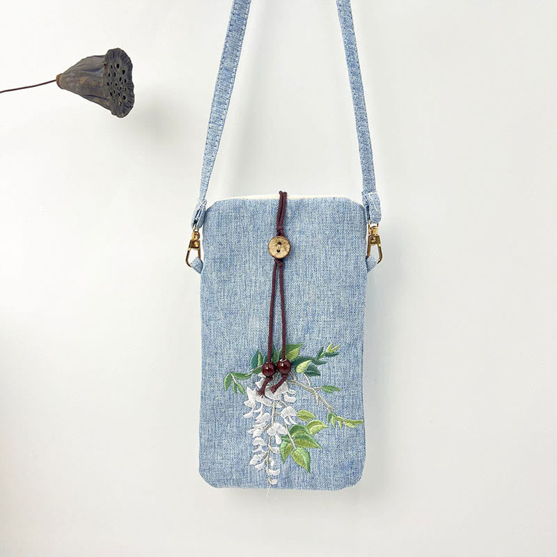 Buddha Stonesの小さな刺繍の花のクロスボディバッグ、ショルダーバッグ、携帯電話バッグ、11×20cm