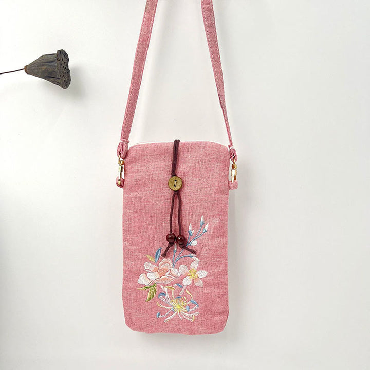 Buddha Stonesの小さな刺繍の花のクロスボディバッグ、ショルダーバッグ、携帯電話バッグ、11×20cm