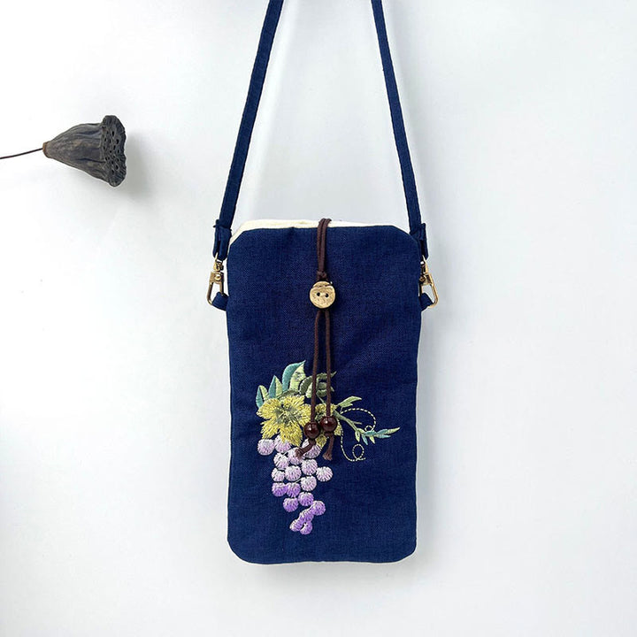 Buddha Stonesの小さな刺繍の花のクロスボディバッグ、ショルダーバッグ、携帯電話バッグ、11×20cm