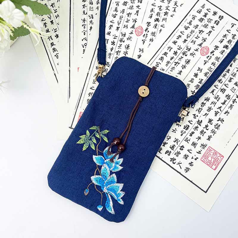 Buddha Stonesの小さな刺繍の花のクロスボディバッグ、ショルダーバッグ、携帯電話バッグ、11×20cm