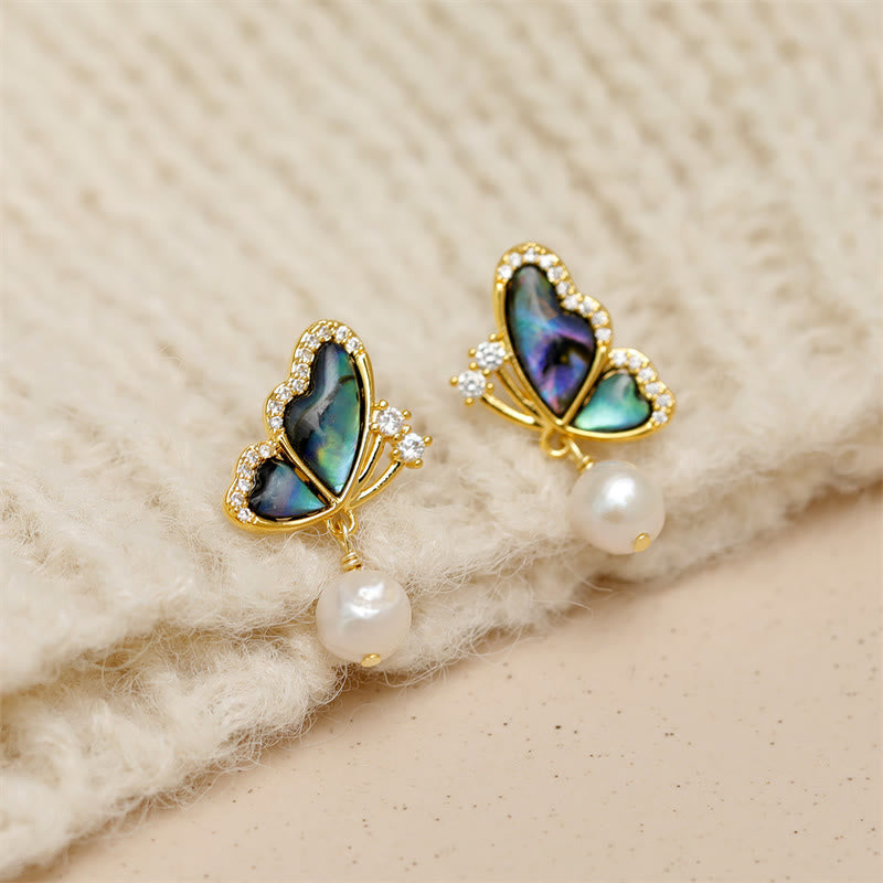 Buddha Stones18Kゴールドメッキ 銅パール バタフライ ラブ スタッドピアス
