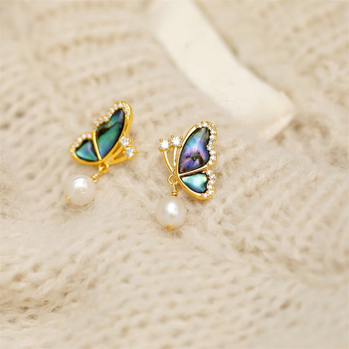 Buddha Stones18Kゴールドメッキ 銅パール バタフライ ラブ スタッドピアス
