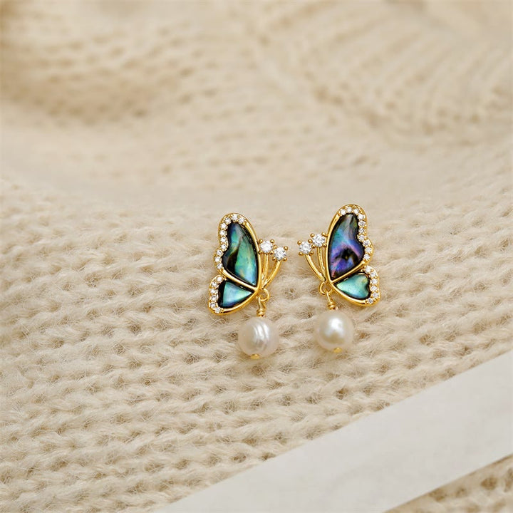 Buddha Stones18Kゴールドメッキ 銅パール バタフライ ラブ スタッドピアス