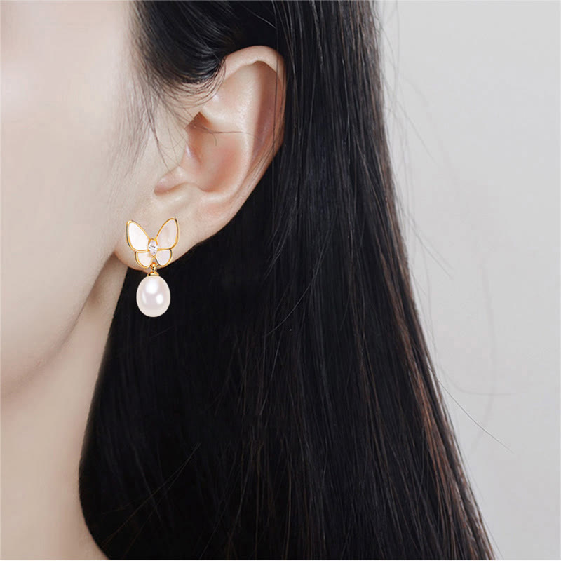 Buddha Stones 925スターリングシルバーポスト 18Kゴールドメッキ銅パールバタフライオプティミズムスタッドピアス