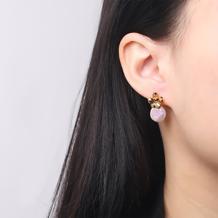 Buddha Stones925スターリングシルバー 天然バロックパールフラワー ヒーリングドロップイヤリング