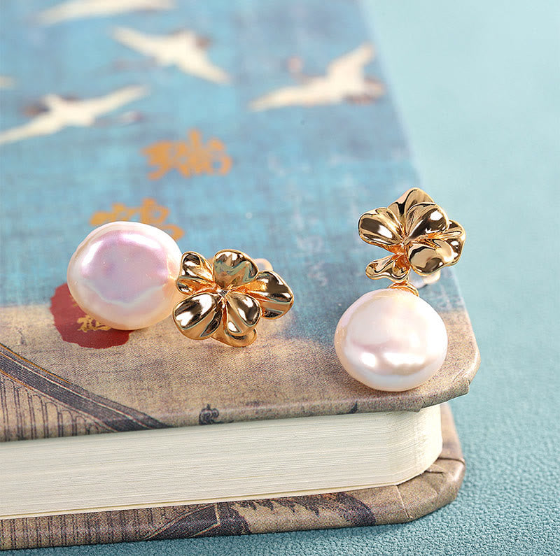 Buddha Stones925スターリングシルバー 天然バロックパールフラワー ヒーリングドロップイヤリング - image 1