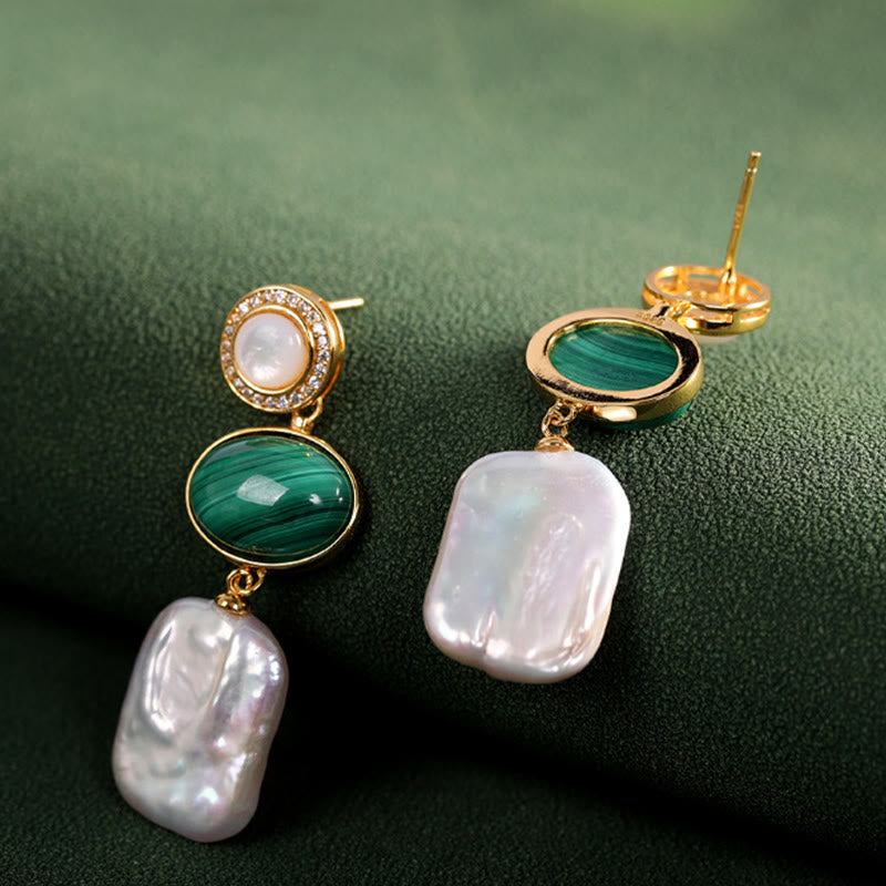 Buddha Stones925スターリングシルバー 天然バロックパール マラカイト ヒーリングウィズダム ドロップイヤリング