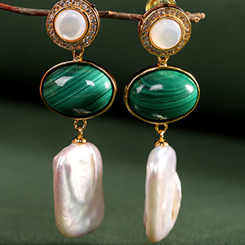 Buddha Stones925スターリングシルバー 天然バロックパール マラカイト ヒーリングウィズダム ドロップイヤリング
