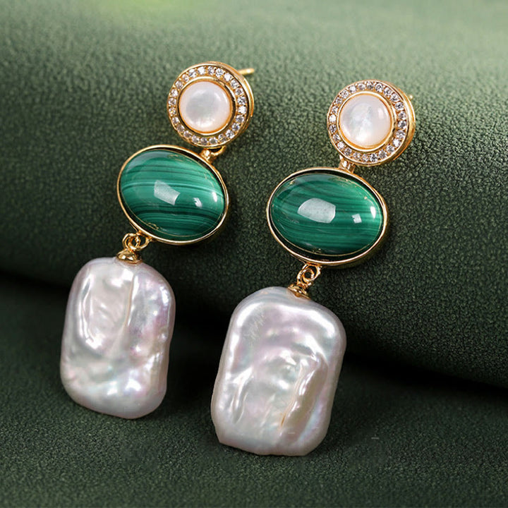 Buddha Stones925スターリングシルバー 天然バロックパール マラカイト ヒーリングウィズダム ドロップイヤリング