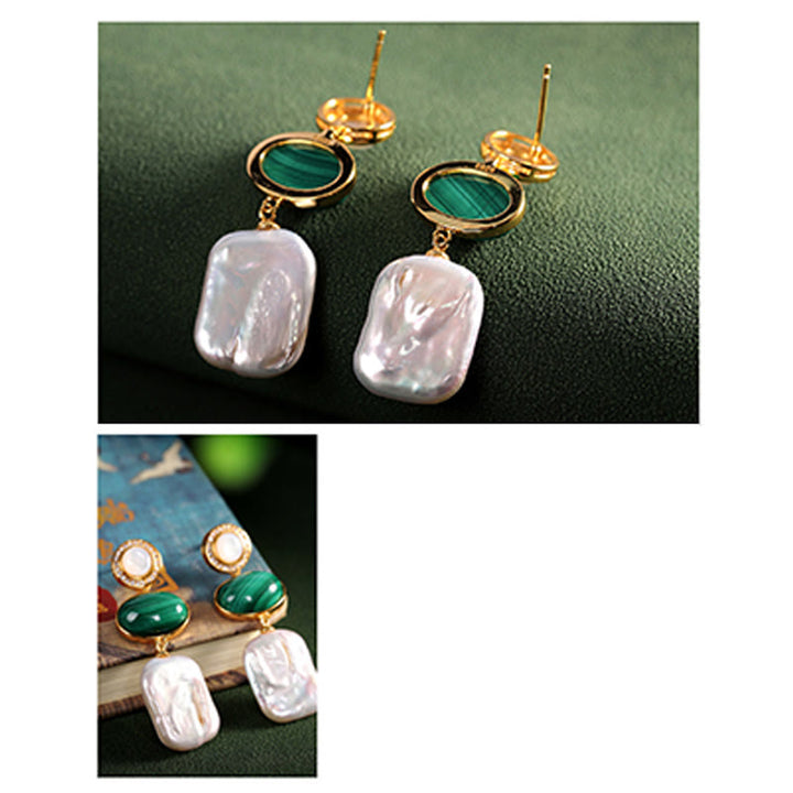 Buddha Stones925スターリングシルバー 天然バロックパール マラカイト ヒーリングウィズダム ドロップイヤリング