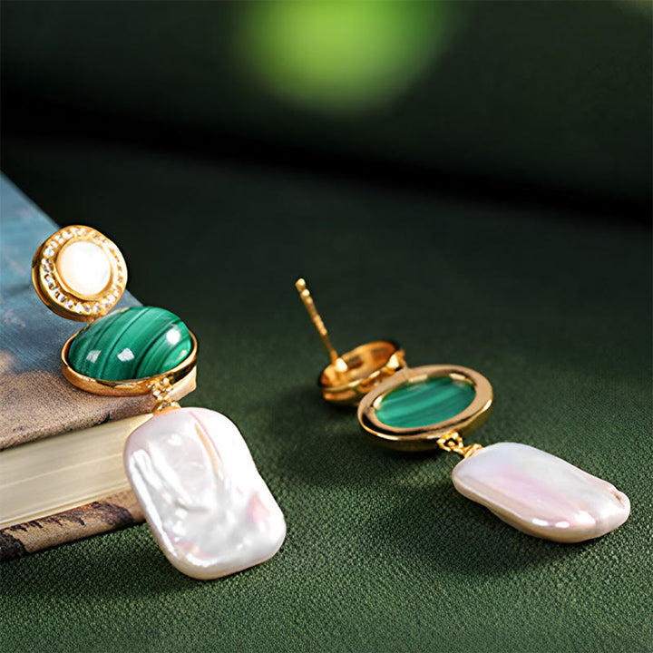 Buddha Stones925スターリングシルバー 天然バロックパール マラカイト ヒーリングウィズダム ドロップイヤリング