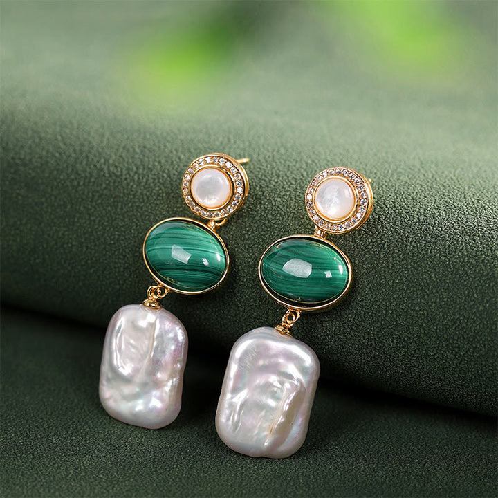 Buddha Stones925スターリングシルバー 天然バロックパール マラカイト ヒーリングウィズダム ドロップイヤリング