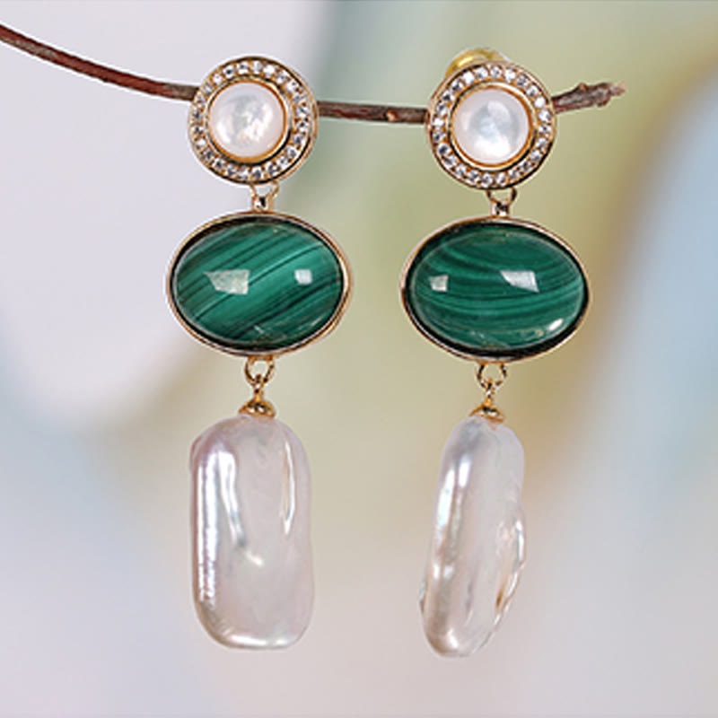 Buddha Stones925スターリングシルバー 天然バロックパール マラカイト ヒーリングウィズダム ドロップイヤリング