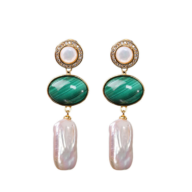 Buddha Stones925スターリングシルバー 天然バロックパール マラカイト ヒーリングウィズダム ドロップイヤリング