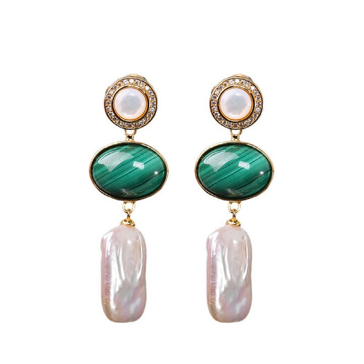 Buddha Stones925スターリングシルバー 天然バロックパール マラカイト ヒーリングウィズダム ドロップイヤリング