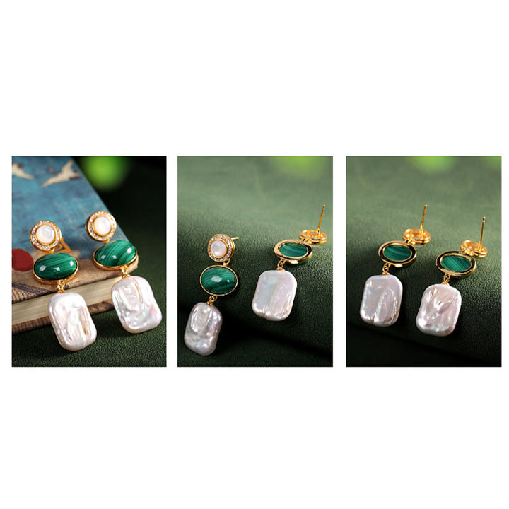 Buddha Stones925スターリングシルバー 天然バロックパール マラカイト ヒーリングウィズダム ドロップイヤリング