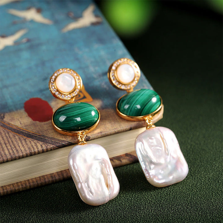 Buddha Stones925スターリングシルバー 天然バロックパール マラカイト ヒーリングウィズダム ドロップイヤリング