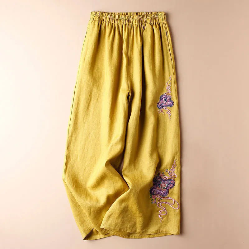 Buddha Stonesレディース カジュアル ルーズ コットンリネン 刺繍 ワイドレッグパンツ ポケット付き
