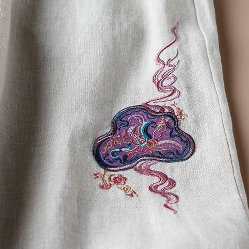 Buddha Stonesレディース カジュアル ルーズ コットンリネン 刺繍 ワイドレッグパンツ ポケット付き
