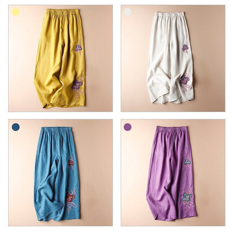 Buddha Stonesレディース カジュアル ルーズ コットンリネン 刺繍 ワイドレッグパンツ ポケット付き