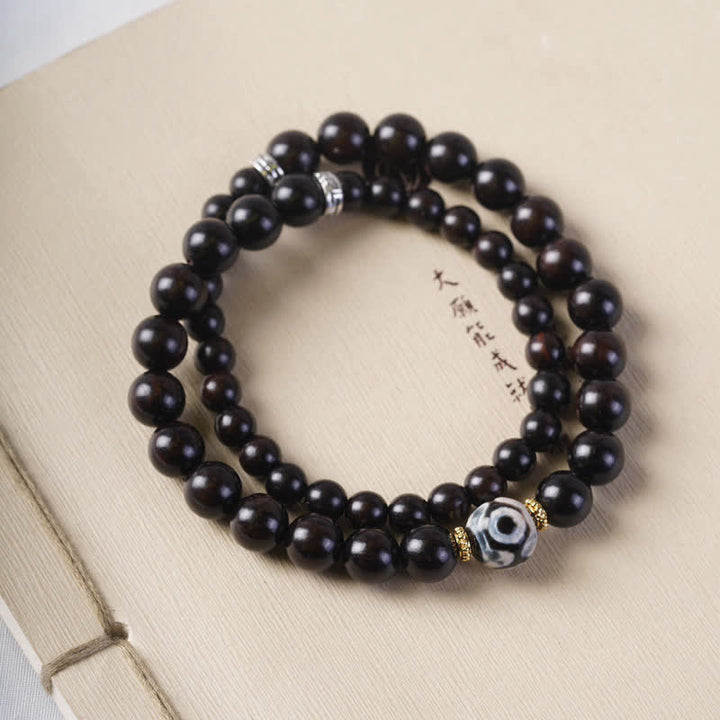 Buddha Stonesチベット黒檀ウッド Dzi ビーズ バランス ダブルラップブレスレット