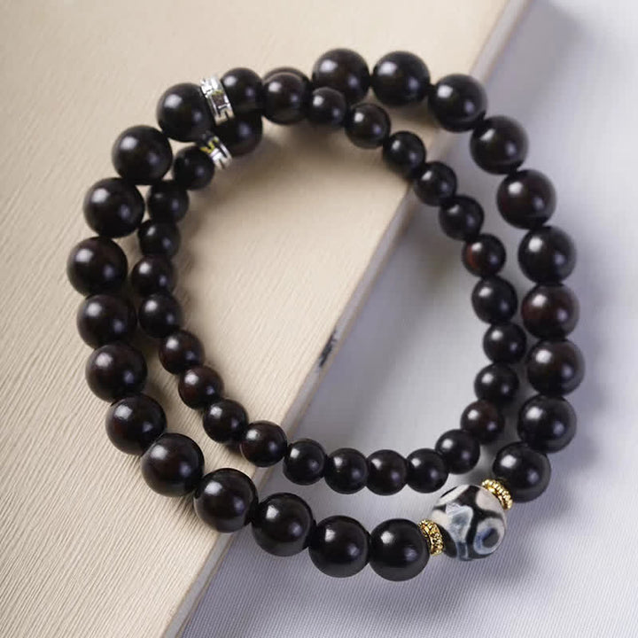 Buddha Stonesチベット黒檀ウッド Dzi ビーズ バランス ダブルラップブレスレット