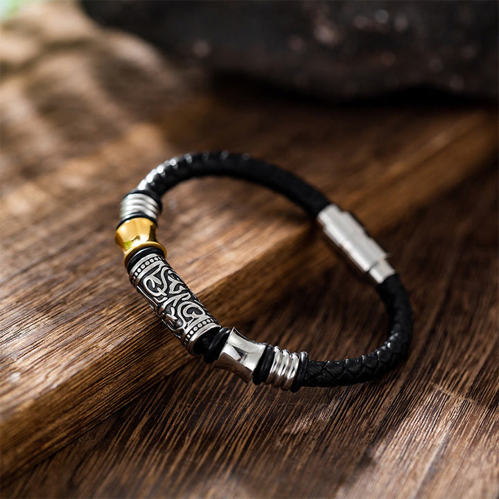 Buddha Stones唐代の花模様 幸運 ステンレススチールバックル レザーブレスレット