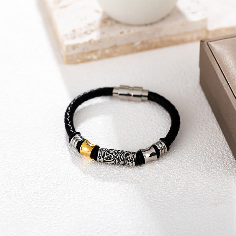Buddha Stones唐代の花模様 幸運 ステンレススチールバックル レザーブレスレット