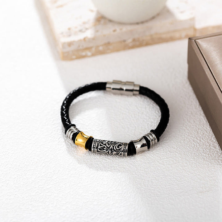 Buddha Stones唐代の花模様 幸運 ステンレススチールバックル レザーブレスレット