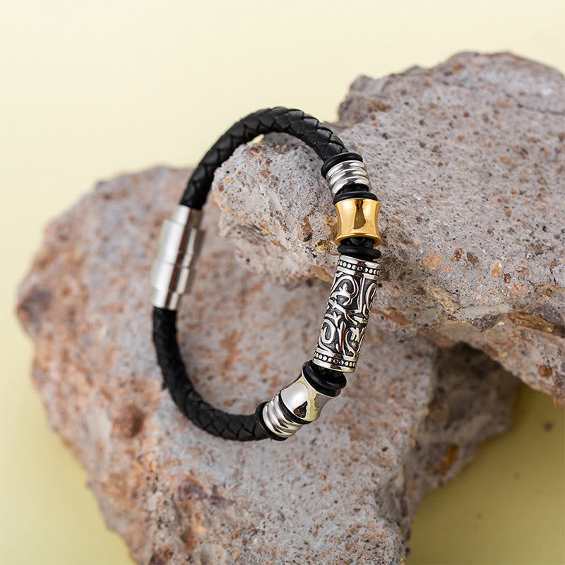 Buddha Stones唐代の花模様 幸運 ステンレススチールバックル レザーブレスレット