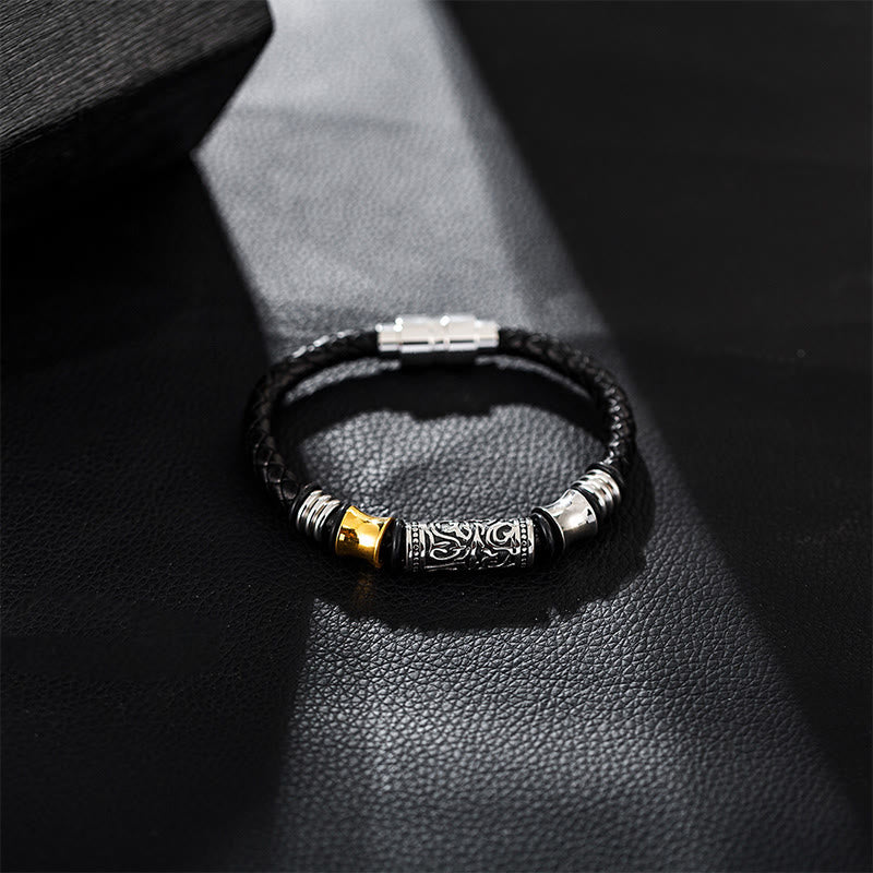 Buddha Stones唐代の花模様 幸運 ステンレススチールバックル レザーブレスレット