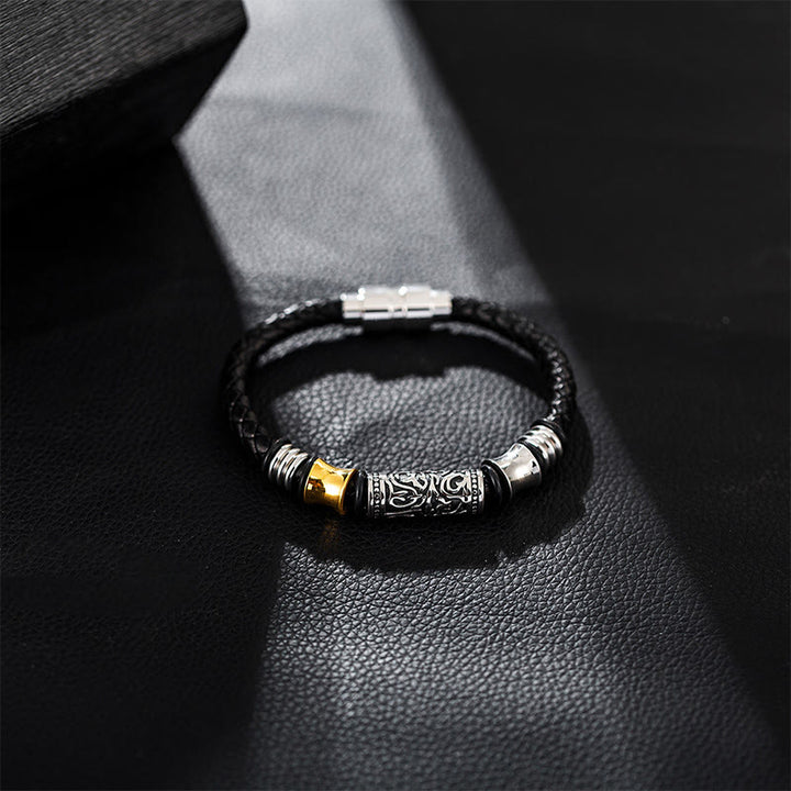 Buddha Stones唐代の花模様 幸運 ステンレススチールバックル レザーブレスレット