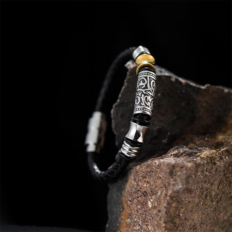 Buddha Stones唐代の花模様 幸運 ステンレススチールバックル レザーブレスレット
