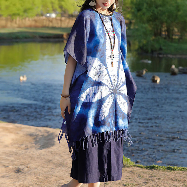 Buddha Stonesブルーバティックショール タッセル メープルリーフ コージートラベルプルオーバー 95×90cm
