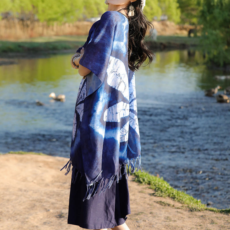 Buddha Stonesブルーバティックショール タッセル メープルリーフ コージートラベルプルオーバー 95×90cm