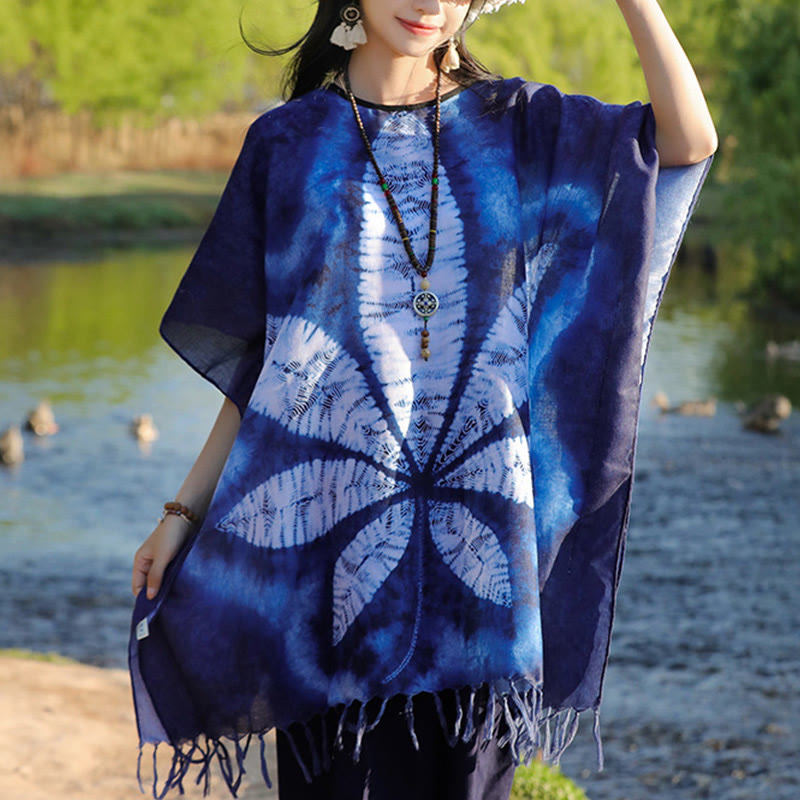 Buddha Stonesブルーバティックショール タッセル メープルリーフ コージートラベルプルオーバー 95×90cm