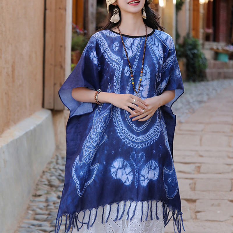 Buddha Stonesブルー ジオメトリ バティック ショール タッセル 着心地の良いトラベルプルオーバー 90×95cm - image 1