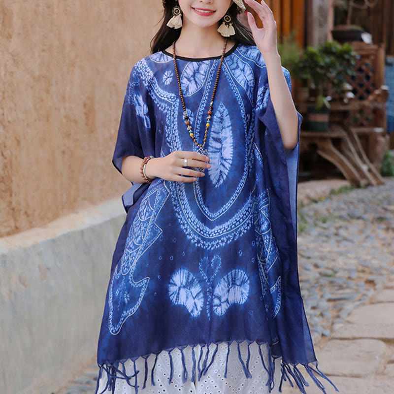 Buddha Stonesブルー ジオメトリ バティック ショール タッセル 着心地の良いトラベルプルオーバー 90×95cm - image 8