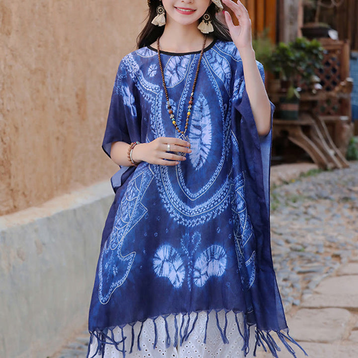 Buddha Stonesブルー ジオメトリ バティック ショール タッセル 着心地の良いトラベルプルオーバー 90×95cm - image 8