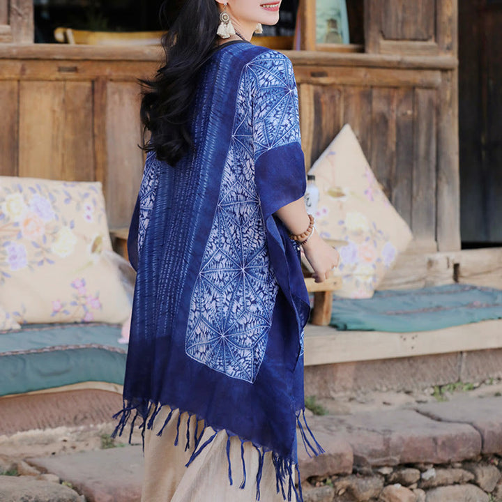 Buddha Stonesブルー 幾何学模様 ストライプ バティック ショール タッセル 着心地良い 旅行用プルオーバー 90*95cm - image 4