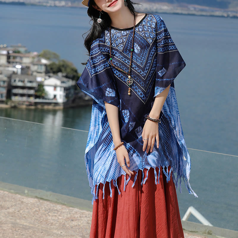 Buddha Stonesブルー トライアングル ストライプ バティック ショール ソフト プルオーバー 90*95cm - image 6