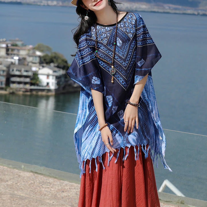 Buddha Stonesブルー トライアングル ストライプ バティック ショール ソフト プルオーバー 90*95cm - image 6